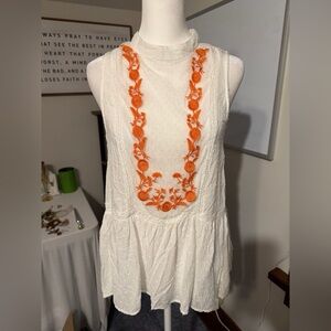 Entro White Tank with Orange Embroidery